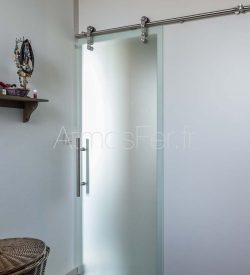 Porte de salle de bain en verre sablé et inox - Toulouse 04